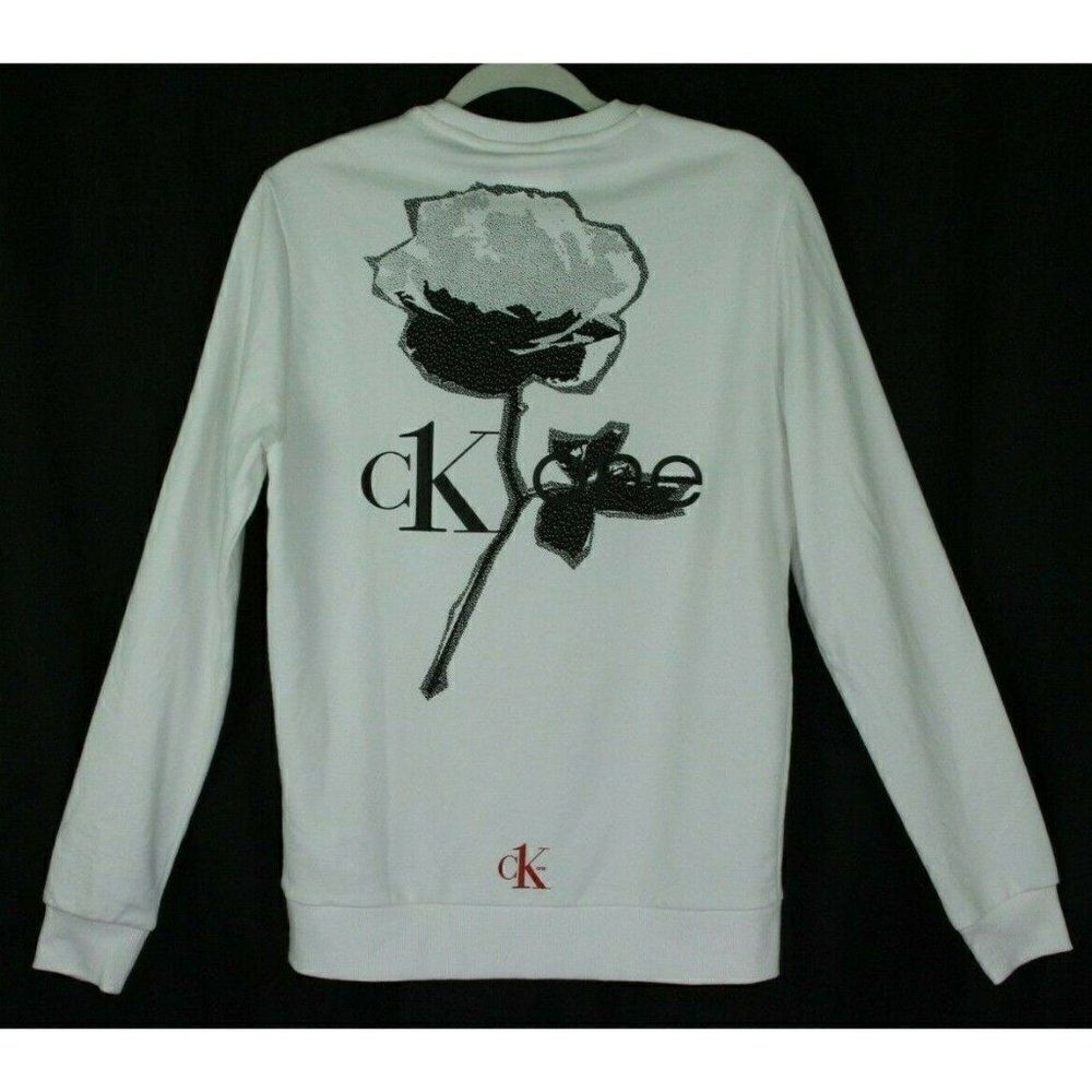 Calvin Klein Sweatshirt Pullover Top White Logo Rose Quote Long Sleeves Women XS
